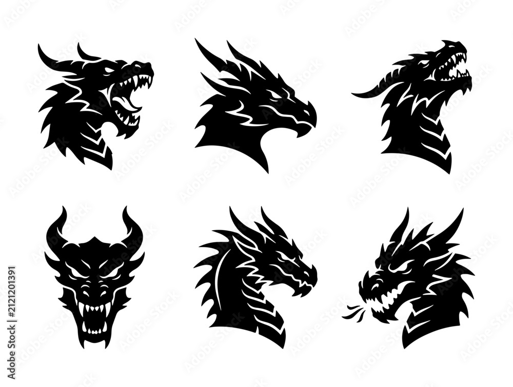 Obraz premium 70 Mythical Dragon Heads Vector Set, Fierce Fantasy Creature Silhouettes, Tribal Tattoo Style Icons, Black and White Graphic Elements 100