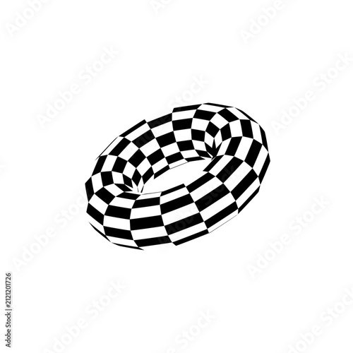 SVG black and white optical illusion torus, geometric checkerboard pattern, surreal 3D shape, op art design, warped illusion, modern abstract artwork, isolated on white background