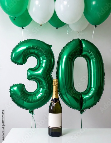 Green Number 30 Balloon with Champagne Bottle for Birthday or Anniversary Celebration