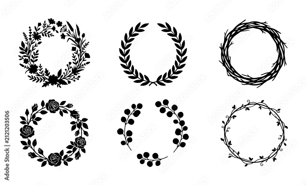 Fototapeta premium 70 Floral Wreath Vector Collection, Botanical Decorative Circles, Organic Nature Elements, Hand-Drawn Flourish Frames, Elegant Floral Accents 100