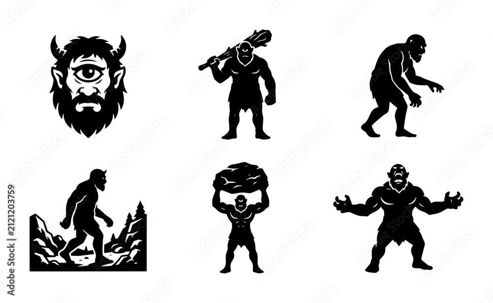 Fototapeta premium 70 Mythical Creatures Vector Icons Set, Ancient Monsters Silhouette Collection, Fantasy Beings Graphic Elements, Folklore Characters Art 100