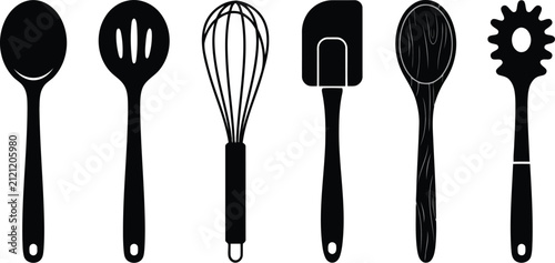 Set of black kitchen utensils icons including whisk spatula spoon and pasta server for cooking and baking tools collection