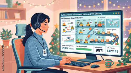 Female operator in headset monitoring Fulfillment Center Monitor dashboard, Peak Q4 Demand, automated conveyor belts, and sorting efficiency in festive office flat vector illustration