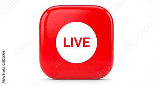 Red live streaming button isolated on white background for broadcast concept