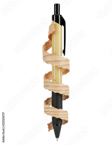 Ballpoint pen wrapped in spiral wood shavings cutout on transparent background