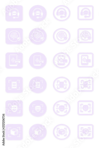 Purple Glass Biometric Security and Customer Support Icon Set, Fingerprint Verification, Contactless Payment, Receipt Scanner, Face Recognition, 3D Object Scan, Premium Transparent Purple Glass UI 