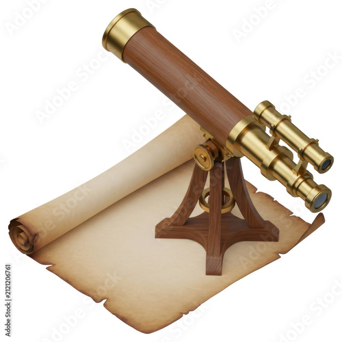 Antique brass telescope and parchment scroll isolated transparent background