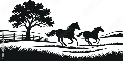 Quadro su tela Pair of horses galloping across open countryside in silhouette art style with ga