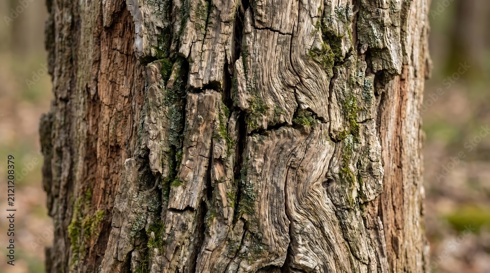 Fototapeta premium Old weathered tree trunk shows deep vertical cracks and worn wooden texture with patches of green moss growing in crevices within dense deciduous forest area.