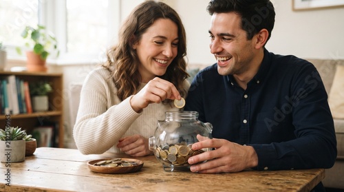Happy couple saving money by putting coins into a glass piggy bank at home
