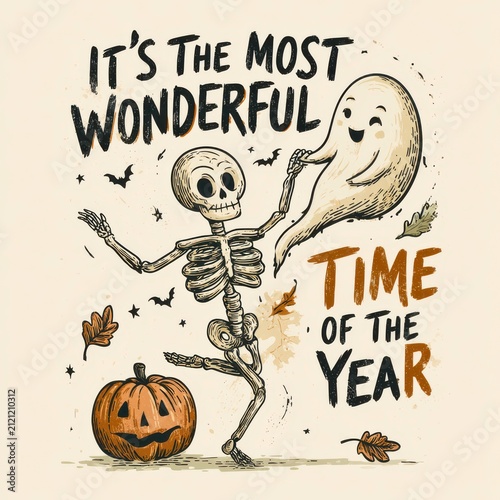 Halloween theme with skeleton and ghost celebrating in autumn