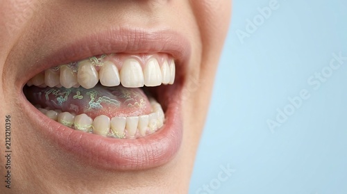 Macro view of human mouth with bacteria and microbes on teeth and tongue for dental health concept