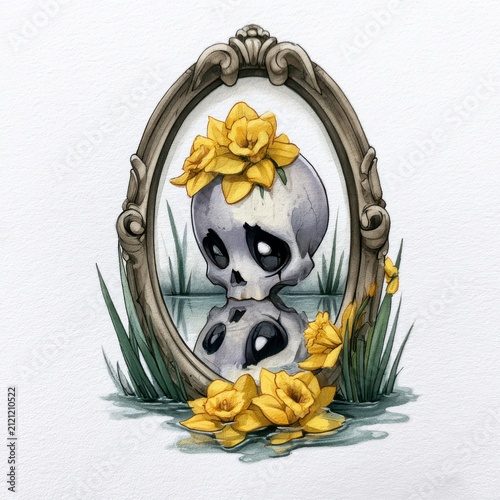 Skull reflection in a decorative mirror surrounded by yellow flowers