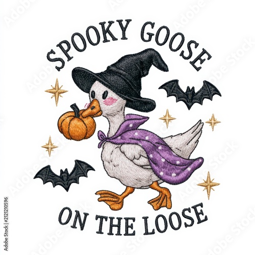 Spooky goose walks around with pumpkin while wearing a witch hat and cape during Halloween season
