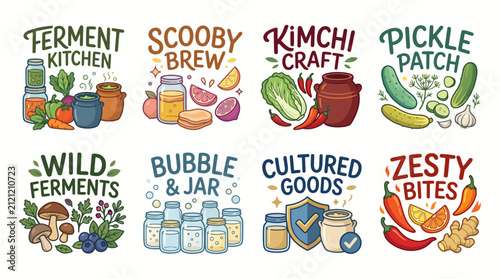 Quadro su tela A vibrant array of illustrations depicting various fermentation processes like kimchi, pickles, and brews, perfect for food enthusiasts and culinary projects or brands