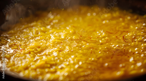 Boiling Saffron Infused Bomba Rice in Carbon Steel Pan