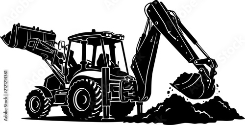 Heavy construction backhoe loader silhouette with bucket in digging position isolated on white background
