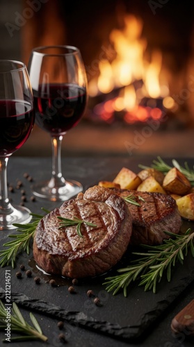 Steak Dinner by Fireplace Gourmet Meal with Red Wine food