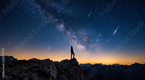 A lone adventurer stands upon a high mountain peak at night watching the bright milky way galaxy and falling meteor showers stretching across the dark horizon while feeling small in the vast