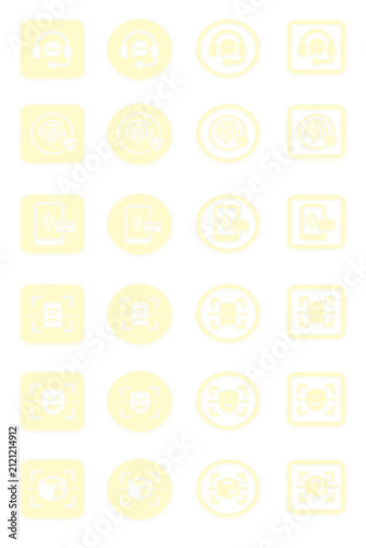 Yellow Glass Biometric Security and Customer Support Icon Set, Fingerprint Verification, Contactless Payment, Receipt Scanner, Face Recognition, 3D Object Scan, Premium Transparent Yellow Glass UI 