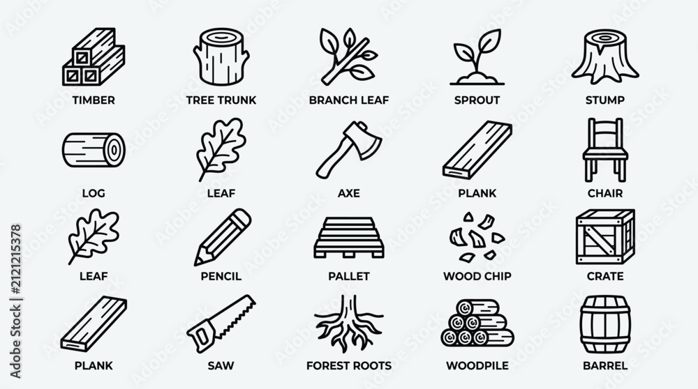 Fototapeta premium Wood industry and carpentry tool icon set vector illustration featuring timber logs leaves tools and forest equipment for construction and woodworking design projects.