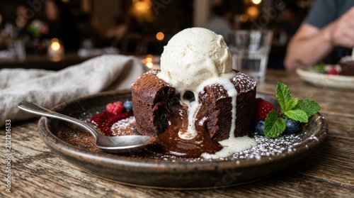 molten chocolate lava cake with melting vanilla ice cream dessert