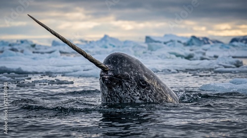 Konstfotografi Narwhal swimming in Arctic waters with icebergs in the background