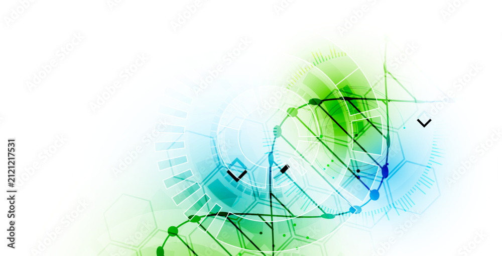 Obraz premium Abstract biotechnology background with a green and blue DNA double helix molecule and hexagonal patterns on a white background.
