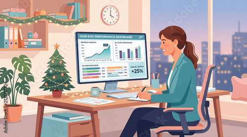 Smiling female executive taking notes in front of monitor displaying Year-End Performance Dashboard with revenue growth chart in festive office flat vector illustration