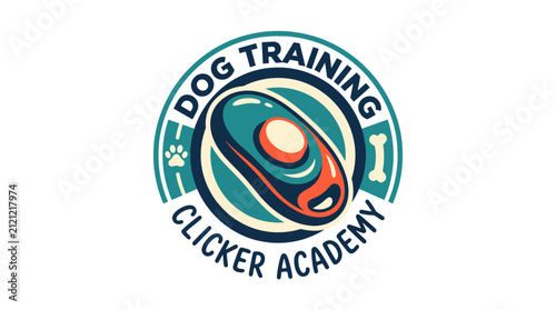 This image presents a logo design for a dog training clicker academy, featuring a clicker in vibrant colors, symbolizing effective dog training methods and positive reinforcement.