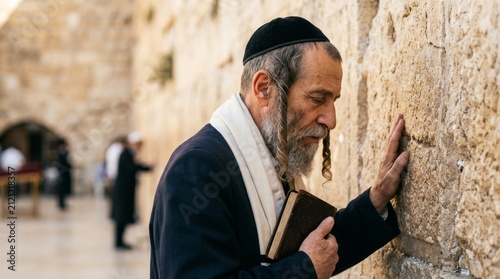 Orthodox jewish man praying at the western wall in jerusalem, israel, with a traditional kippah and beard
