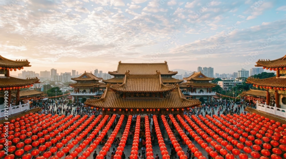 Naklejka premium Traditional chinese temple courtyard decorated with hundreds of glowing red lanterns during a beautiful sunset in taipei taiwan
