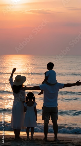 Family Silhouette Watching Sunset on Beach Vacation and Happiness
