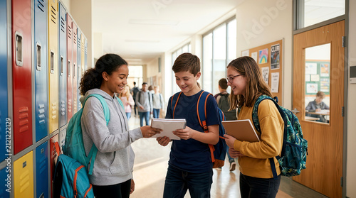 Three diverse students standing in a school hallway talking and looking at a notebook together