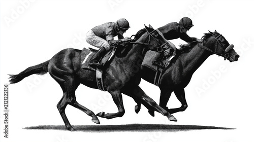 Tapety artystyczne ゴールを競う競走馬と騎手 モノクロスケッチ風の競馬レースイラスト