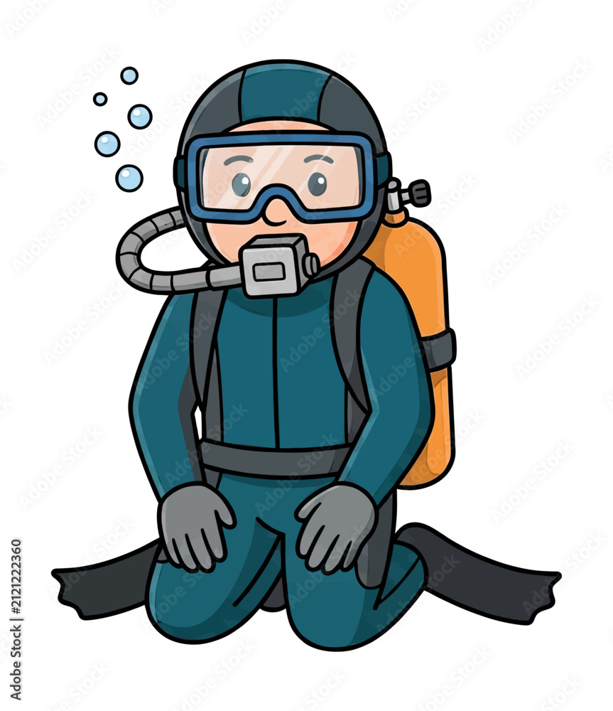 Obraz premium A cheerful cartoon scuba diver in full gear including mask oxygen tank and fins kneeling with bubbles