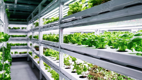 Rows of lush green vegetables grow in a high-tech indoor vertical farm equipped with UV lights. The aeroponic system supports sustainable urban agriculture