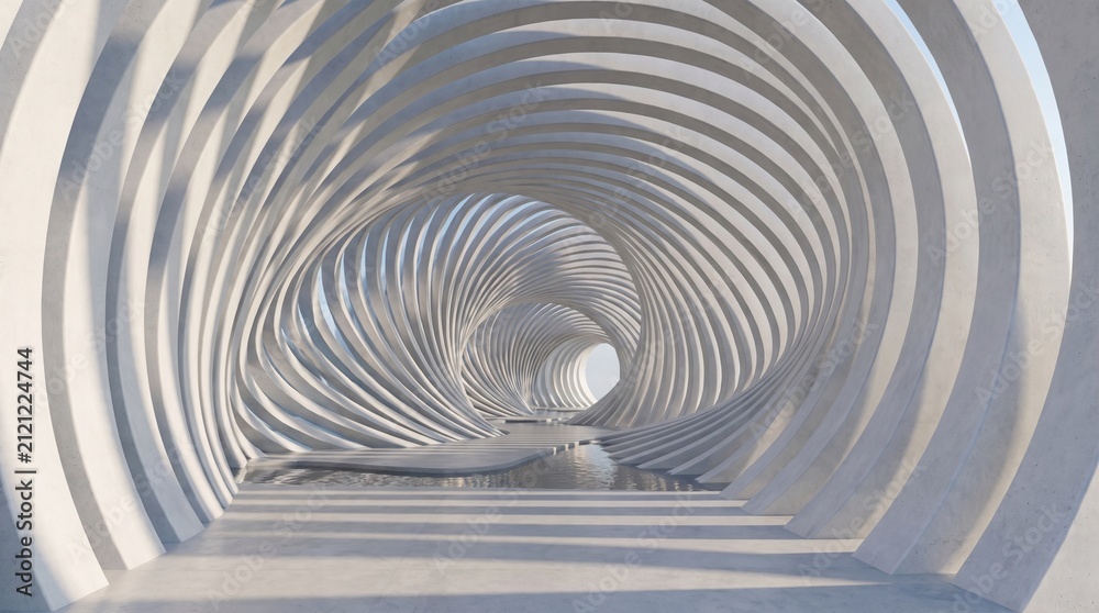 Fototapeta premium Abstract 3D Light Tunnel with Metallic Circular Architecture Pattern and Futuristic Steel Motion Design Background Illustration