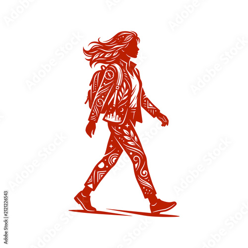 Stylized Red Silhouette of a Woman Walking with Intricate Patterns.