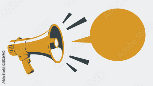 Yellow megaphone transmits sound waves towards a round empty speech bubble for messages