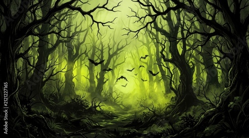 Eerie dark forest landscape with glowing green light and silhouettes of flying bats in a spooky woodland setting