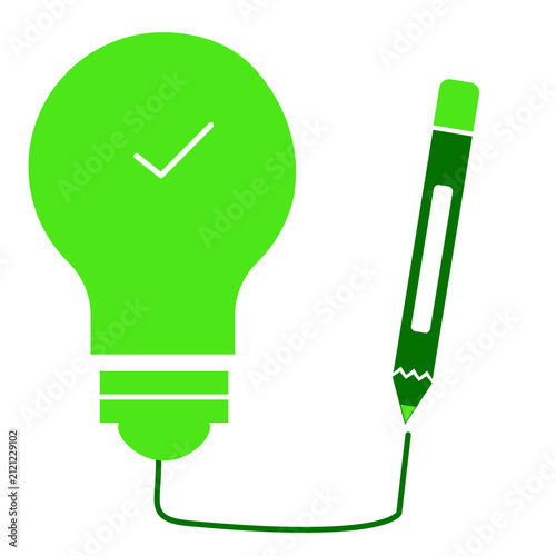 Green light bulb with checkmark and pencil representing idea and creation concept.