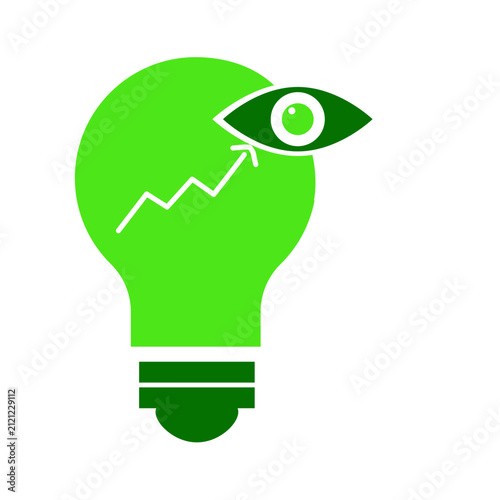 Green lightbulb with eye and growth chart icon. Visionary business idea and progress concept.