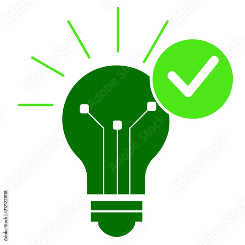 Green light bulb icon with checkmark. Concept of successful innovation, smart solution, or verified idea.