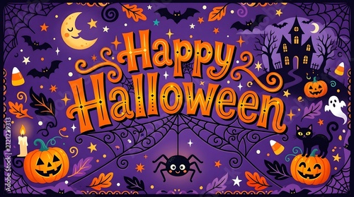 Happy Halloween festive greeting card with pumpkins and bats. 