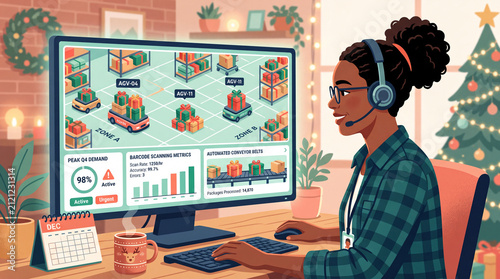 Female warehouse operator in headset managing automated AGV robots, gift sorting, and fulfillment metrics on computer in festive office flat vector illustration