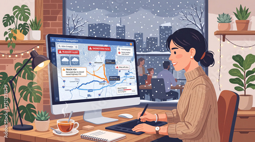 Female logistics coordinator using graphic tablet to manage transport map and supply chain metrics on computer in cozy winter office flat vector illustration