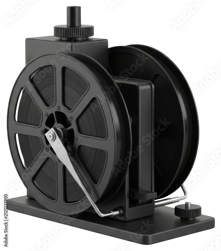 Vintage black cinema film reel rewinder machine on a transparent backdrop