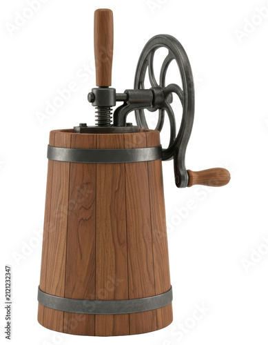 Vintage wooden butter churn with hand crank isolated on a transparent background