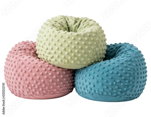 Three colorful textured bean bag chairs isolated over transparent background